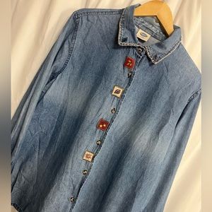 Vtg sz L Denim Granny Cottage Core Patch Work Button Up Austin Clothing Womens